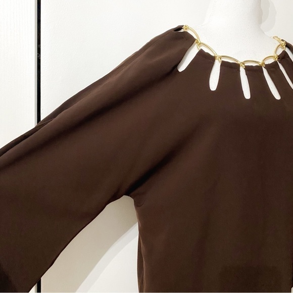 LANVIN PARIS BROWN GOLD METALLIC NECKLINE SHIFT DRESS - 40 (L) - Picture 5 of 11